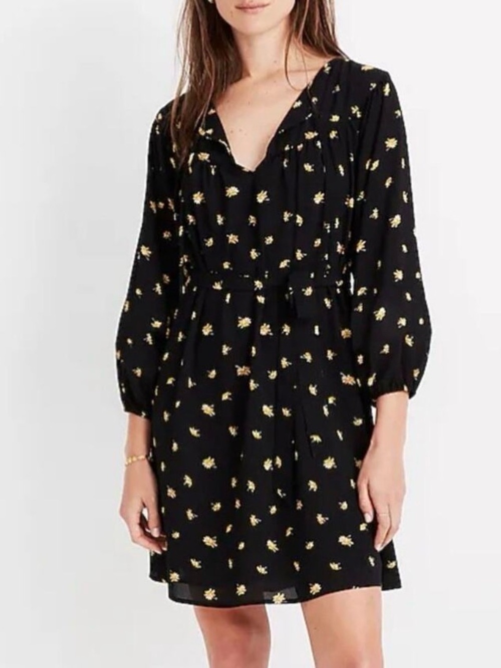 Madewell Black Yellow Floral Waist Tie Dress Size L